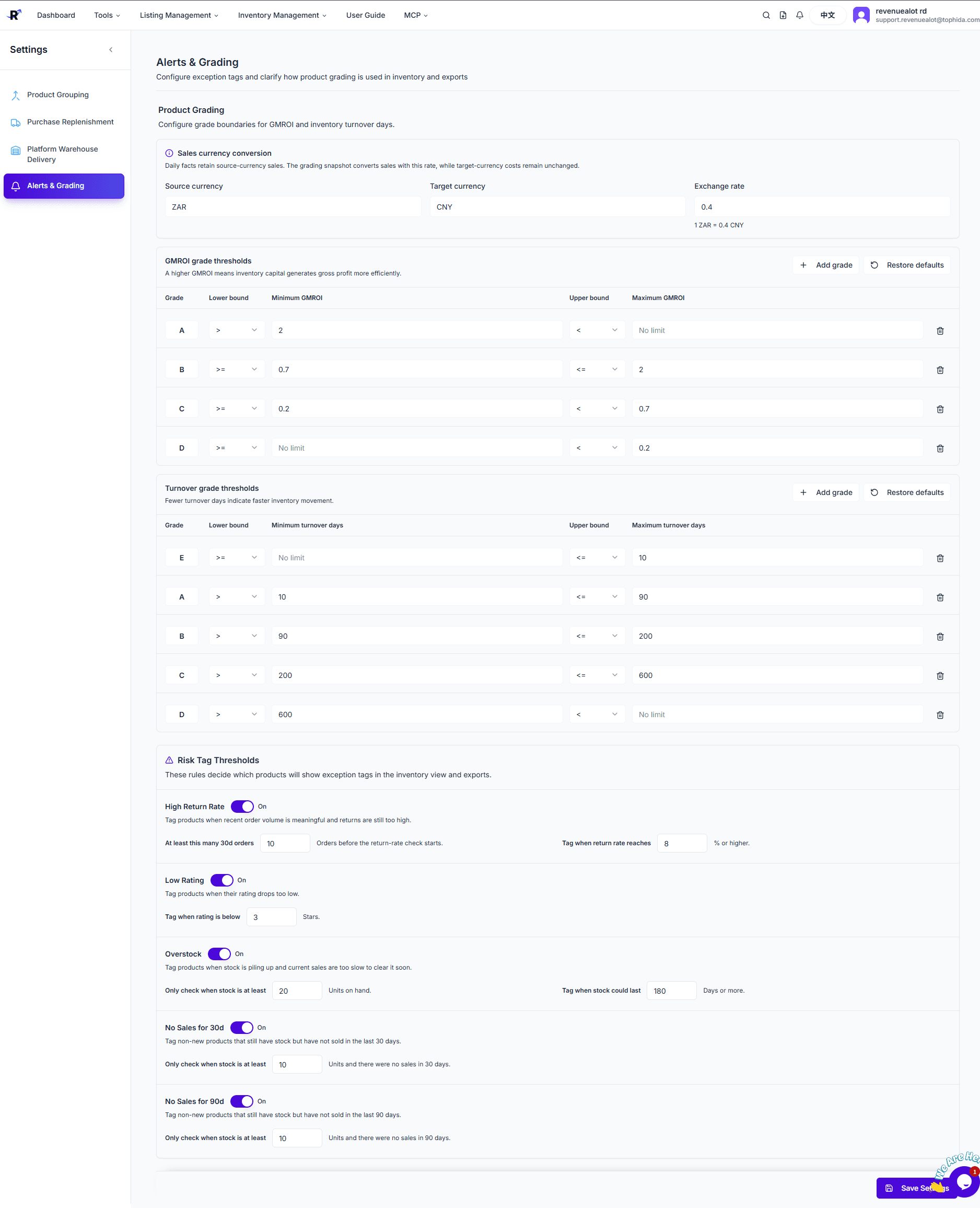 GMROI, turnover grade, and inventory risk-tag settings