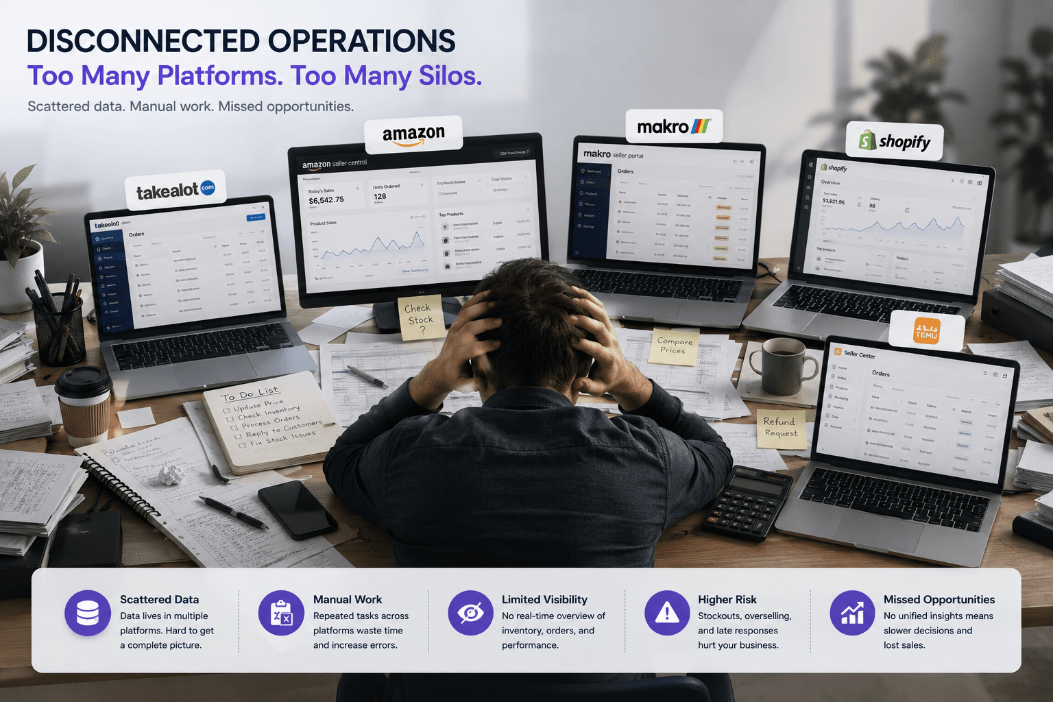 连接 Takealot、Amazon、Makro、Shopify 和 Temu 的 marketplace command center
