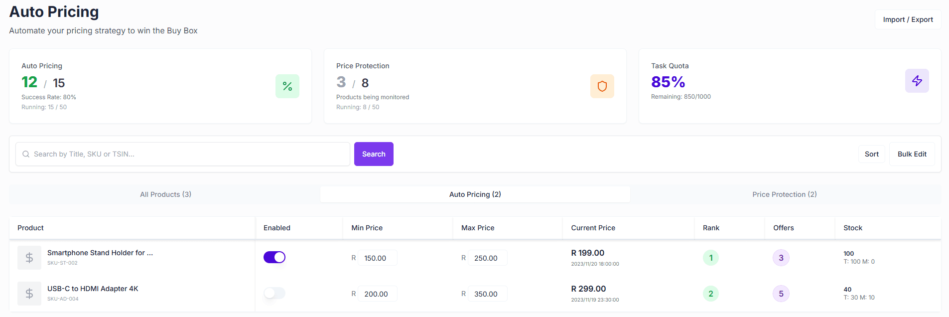 Revenuealot Auto Pricing dashboard for Takealot sellers
