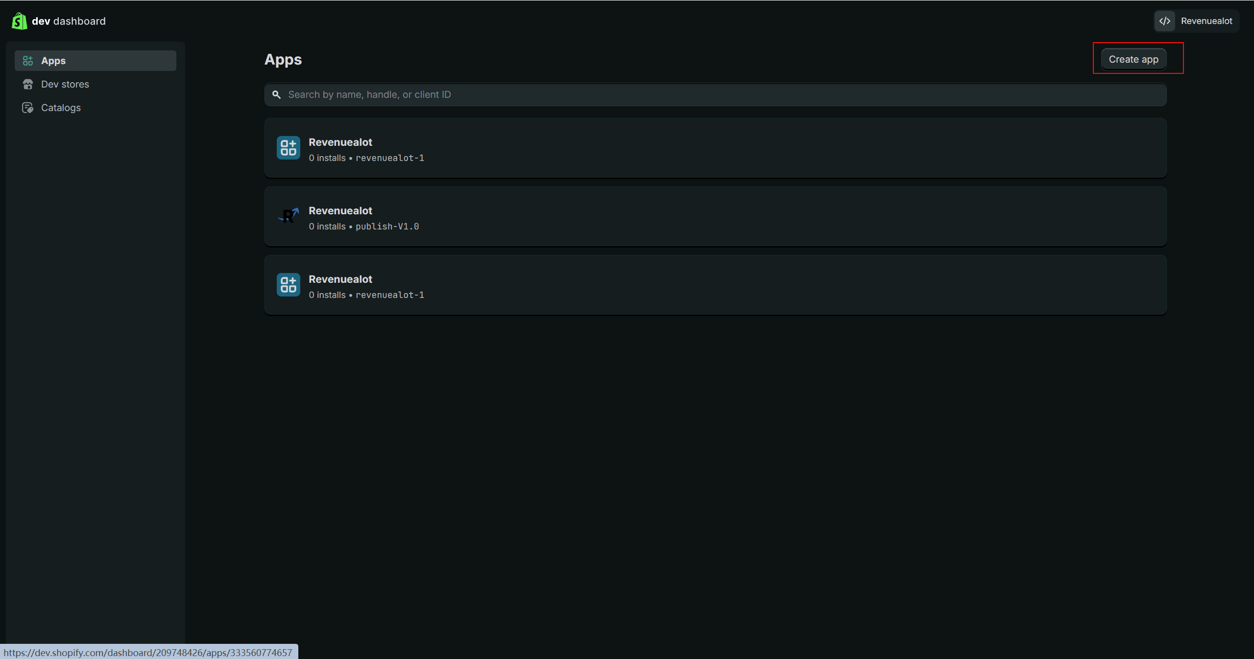 Dev Dashboard - Create app