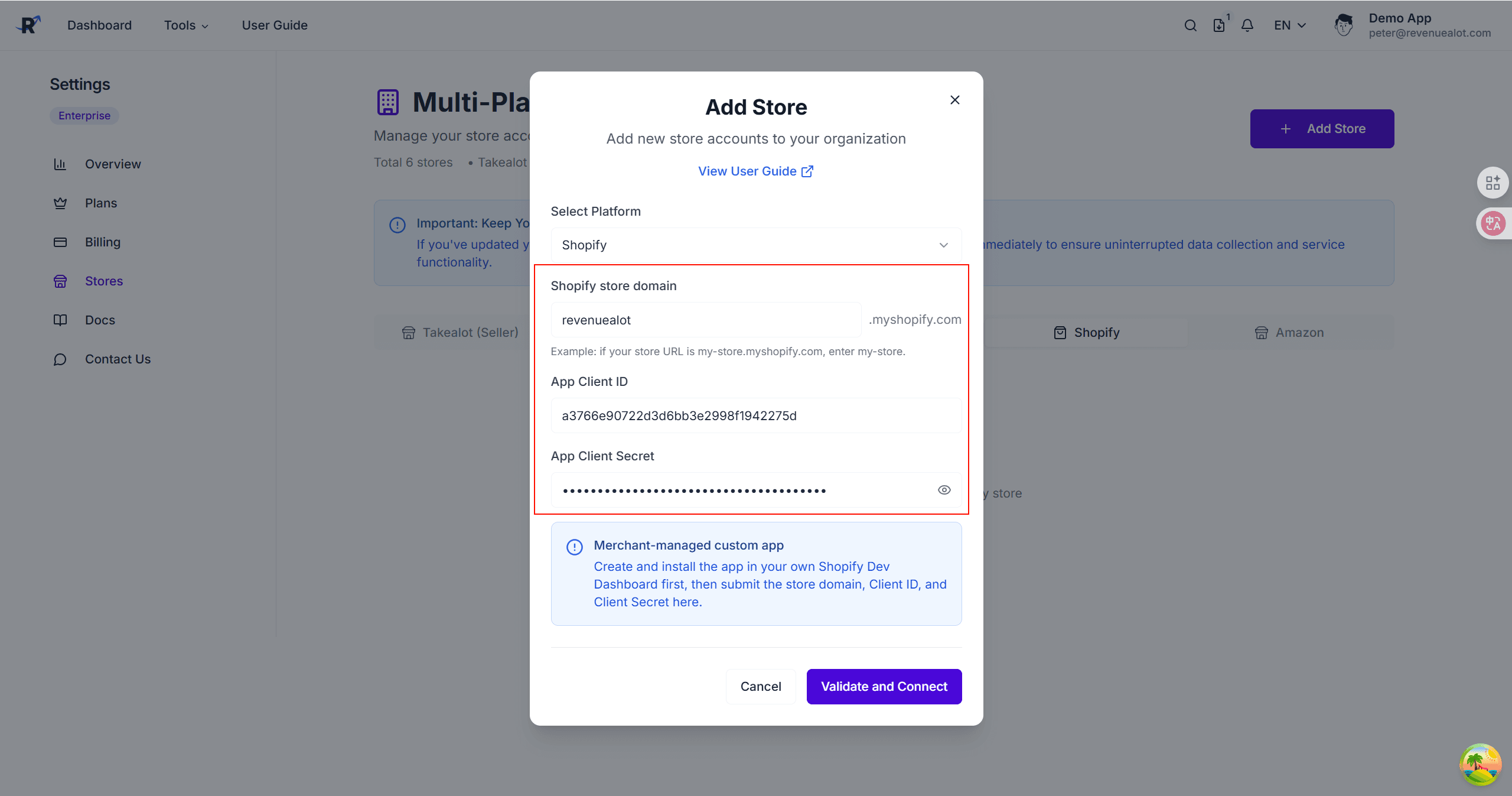 Revenuealot Shopify 连接表单